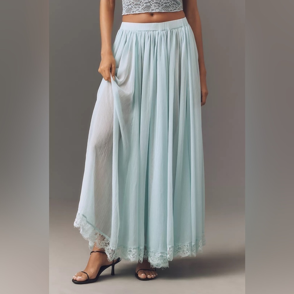 NWT! Anthropologie Blue Sheer Maxi Skirt Floral Lace Pull-on High Rise 🍐